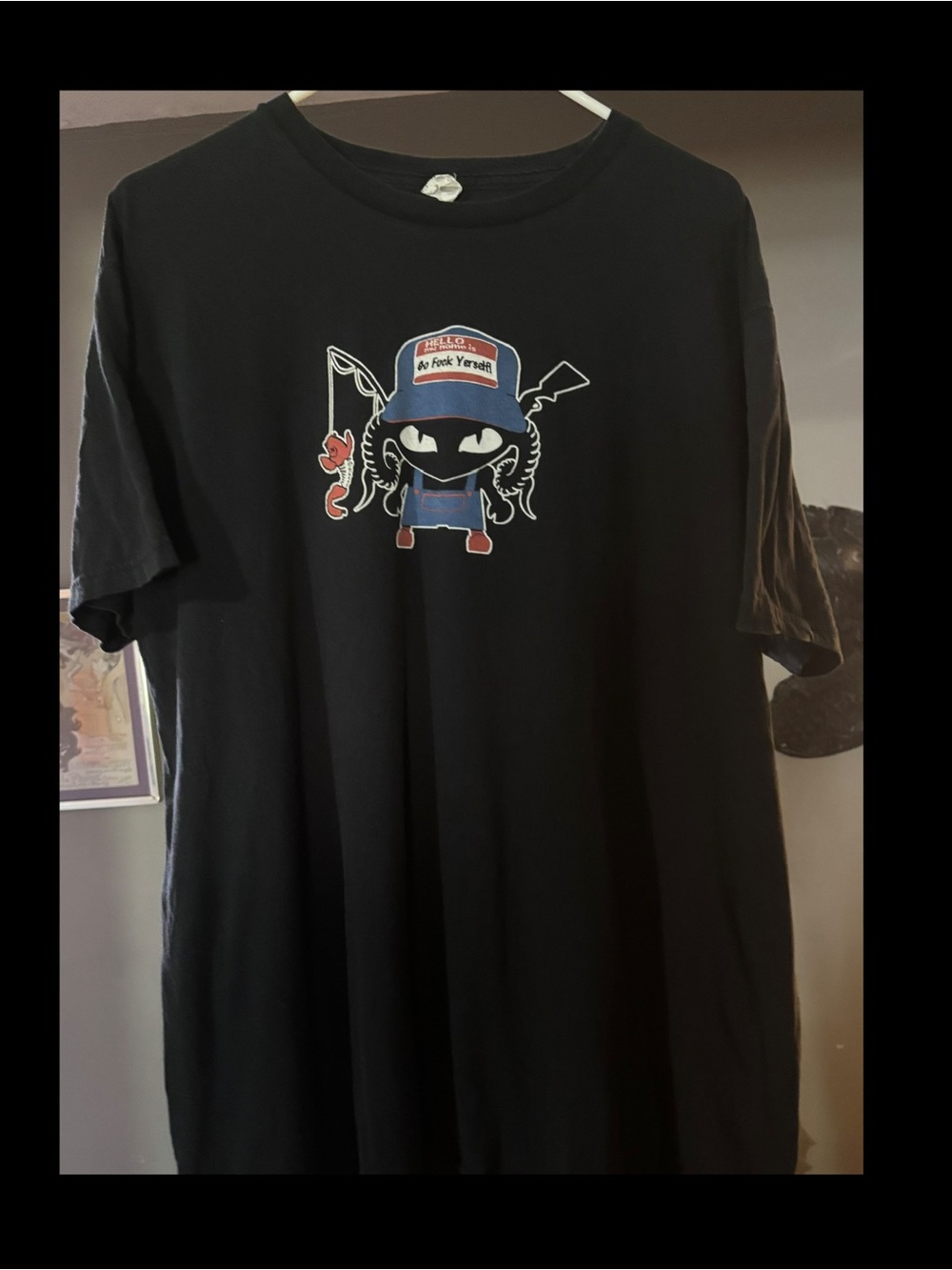 Vintage rare Adult Black Graphic Tee with Cartoon Fisherman Character